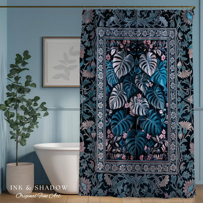 Deep Teal Ethereal Botanical Shower Curtain | Tropical Leaf Jungle Aesthetic Monstera Deliciosa Botanical Bathroom Dark Forestcore Whimsy |