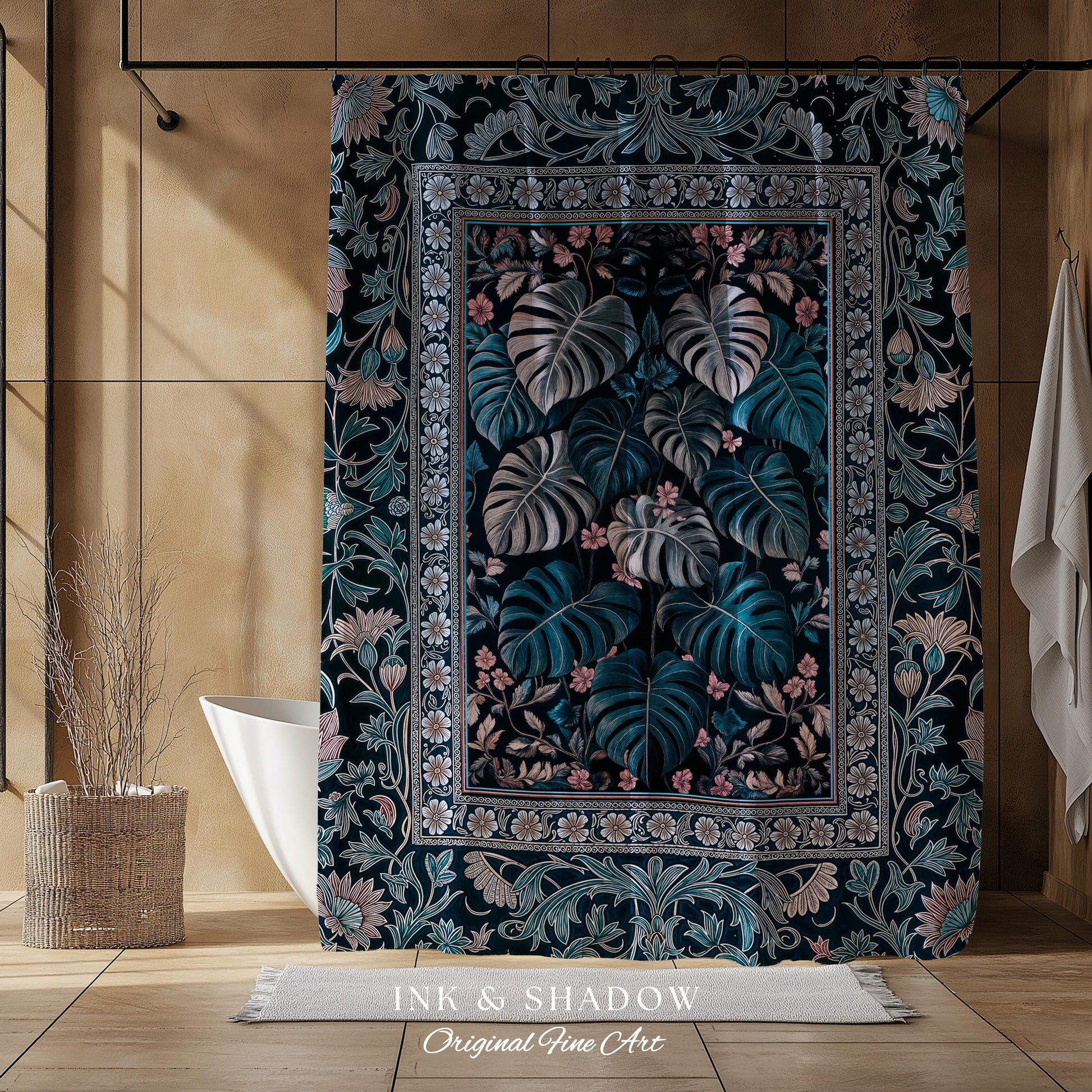 Deep Teal Ethereal Botanical Shower Curtain | Tropical Leaf Jungle Aesthetic Monstera Deliciosa Botanical Bathroom Dark Forestcore Whimsy |