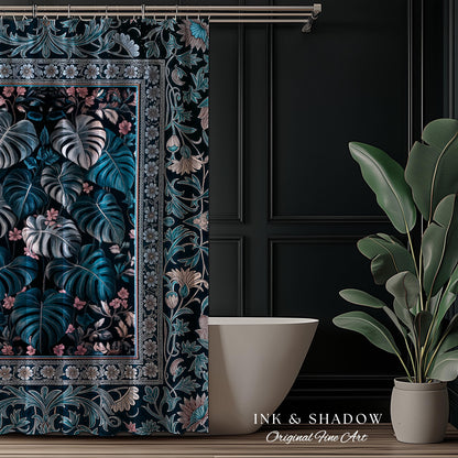 Deep Teal Ethereal Botanical Shower Curtain | Tropical Leaf Jungle Aesthetic Monstera Deliciosa Botanical Bathroom Dark Forestcore Whimsy |