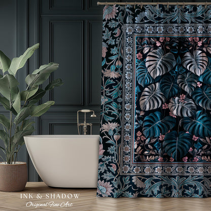 Deep Teal Ethereal Botanical Shower Curtain | Tropical Leaf Jungle Aesthetic Monstera Deliciosa Botanical Bathroom Dark Forestcore Whimsy |