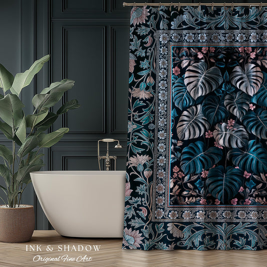 Deep Teal Ethereal Botanical Shower Curtain | Tropical Leaf Jungle Aesthetic Monstera Deliciosa Botanical Bathroom Dark Forestcore Whimsy |