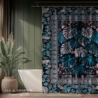 Deep Teal Ethereal Botanical Shower Curtain | Tropical Leaf Jungle Aesthetic Monstera Deliciosa Botanical Bathroom Dark Forestcore Whimsy |