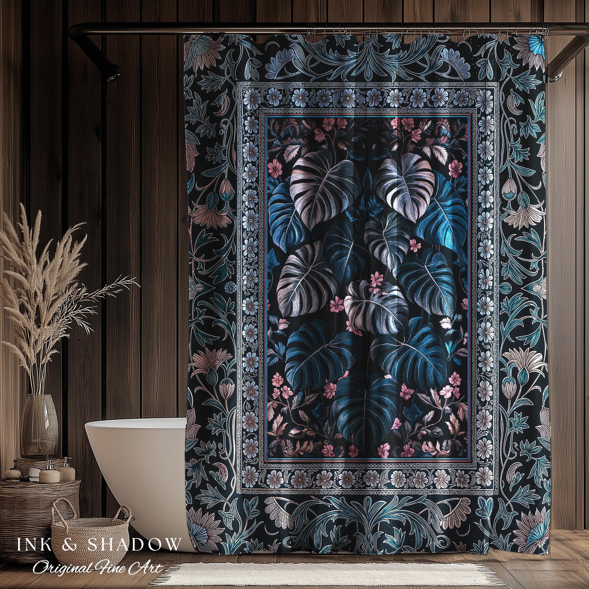 Deep Teal Ethereal Botanical Shower Curtain | Tropical Leaf Jungle Aesthetic Monstera Deliciosa Botanical Bathroom Dark Forestcore Whimsy |