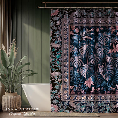 Misty Purple Tropical Jungle Shower Curtain | Houseplant Leaf Witchy Ethereal Aesthetic Monstera Deliciosa Dark Forestcore Gothic Bathroom