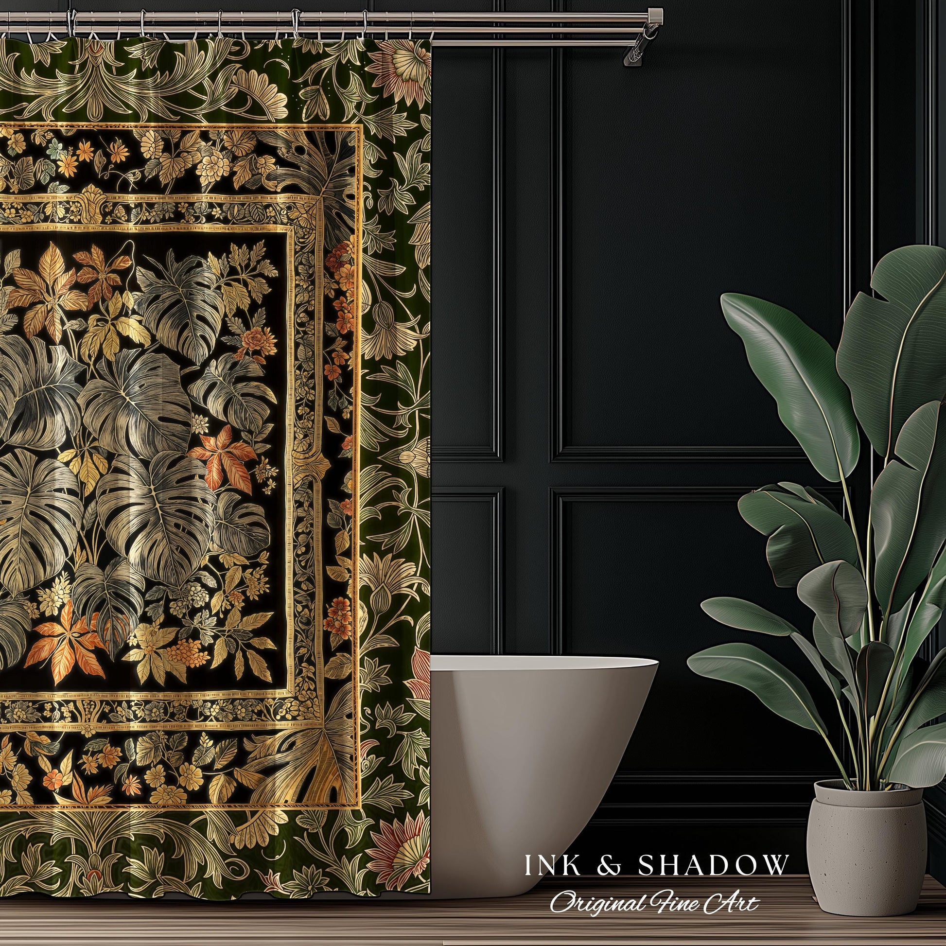 Whimsical Maximalist Cozy Shower Curtain | Dark Victorian Houseplant Monstera Deliciosa Romantic Victorian Floral Maximalist Jungle Bathroom