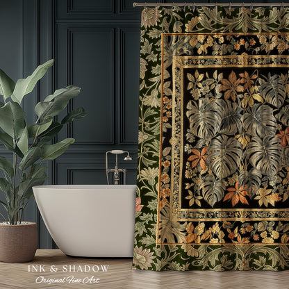 Whimsical Maximalist Cozy Shower Curtain | Dark Victorian Houseplant Monstera Deliciosa Romantic Victorian Floral Maximalist Jungle Bathroom