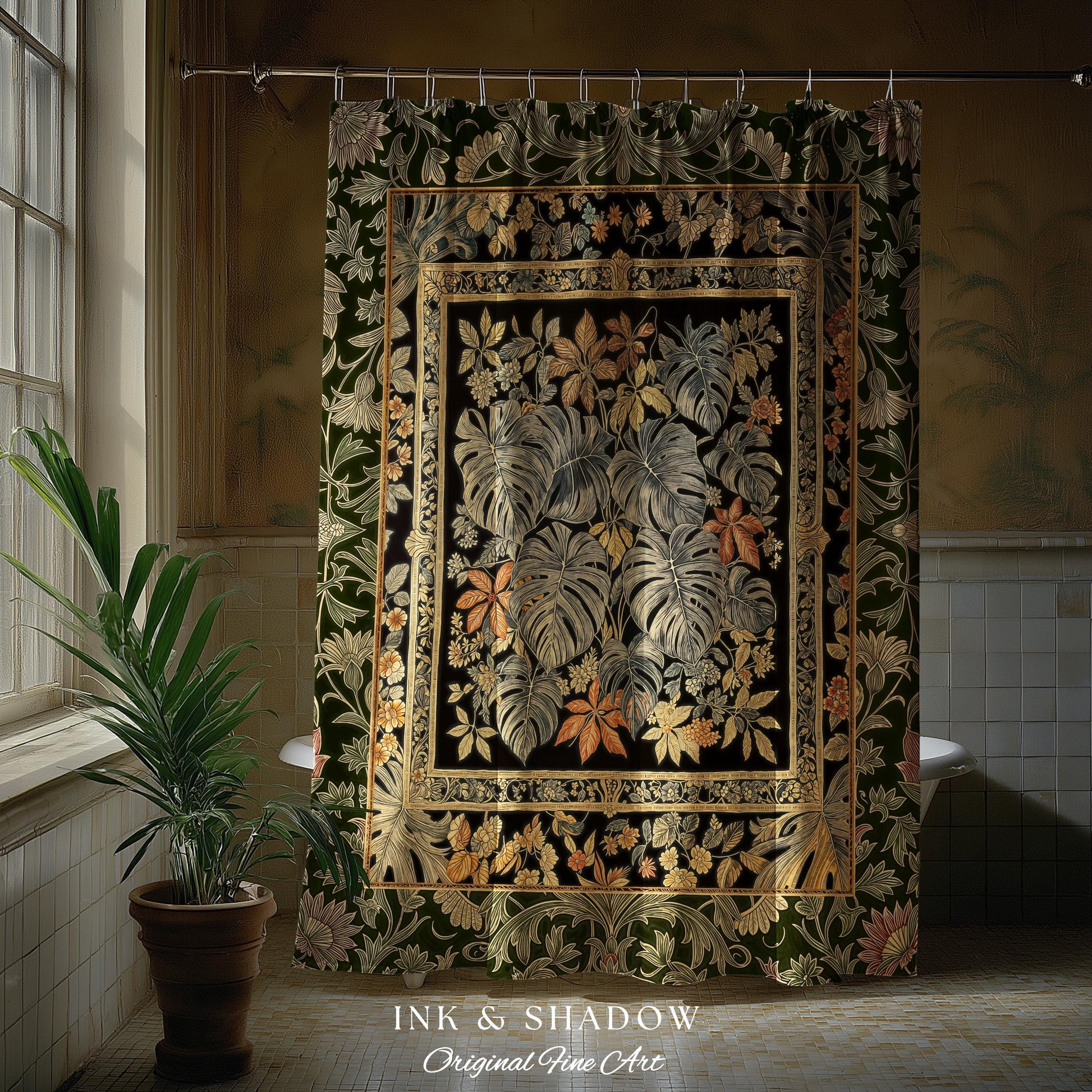 Whimsical Maximalist Cozy Shower Curtain | Dark Victorian Houseplant Monstera Deliciosa Romantic Victorian Floral Maximalist Jungle Bathroom