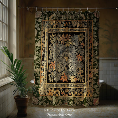Whimsical Maximalist Cozy Shower Curtain | Dark Victorian Houseplant Monstera Deliciosa Romantic Victorian Floral Maximalist Jungle Bathroom