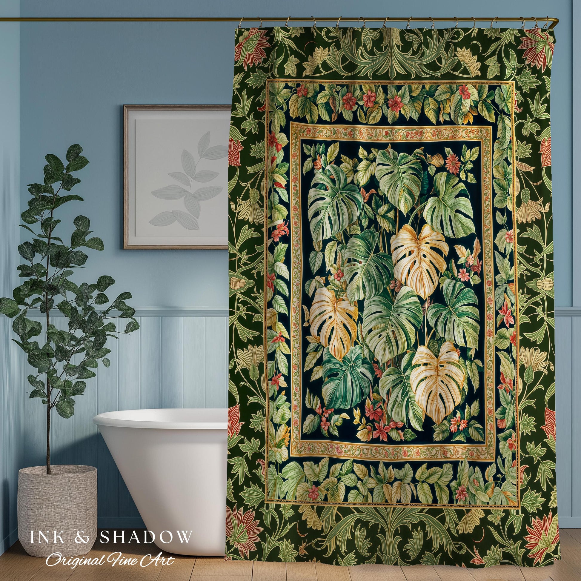 Eclectic Maximalist Monstera Shower Curtain | Dark Floral Houseplant Lover Botanical Whimsical Bathroom Tropical Aesthetic Housewarming Gift