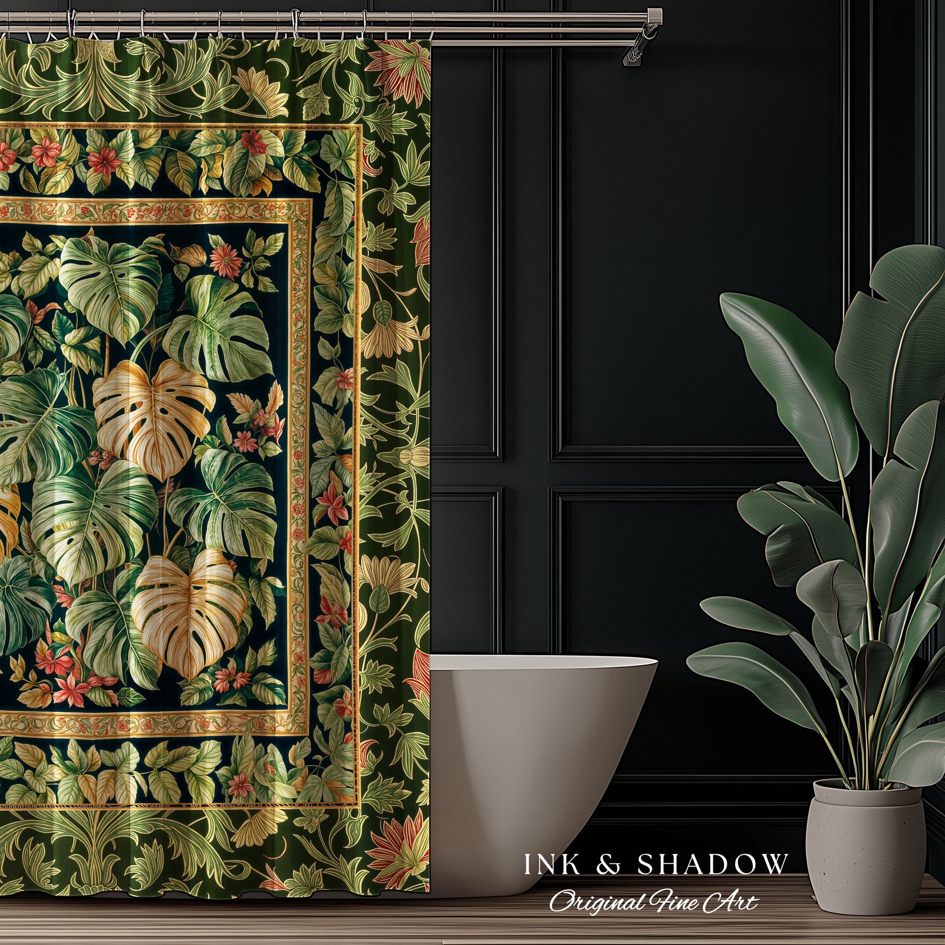 Eclectic Maximalist Monstera Shower Curtain | Dark Floral Houseplant Lover Botanical Whimsical Bathroom Tropical Aesthetic Housewarming Gift