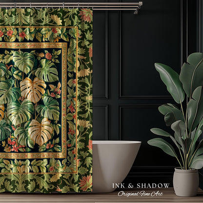 Eclectic Maximalist Monstera Shower Curtain | Dark Floral Houseplant Lover Botanical Whimsical Bathroom Tropical Aesthetic Housewarming Gift