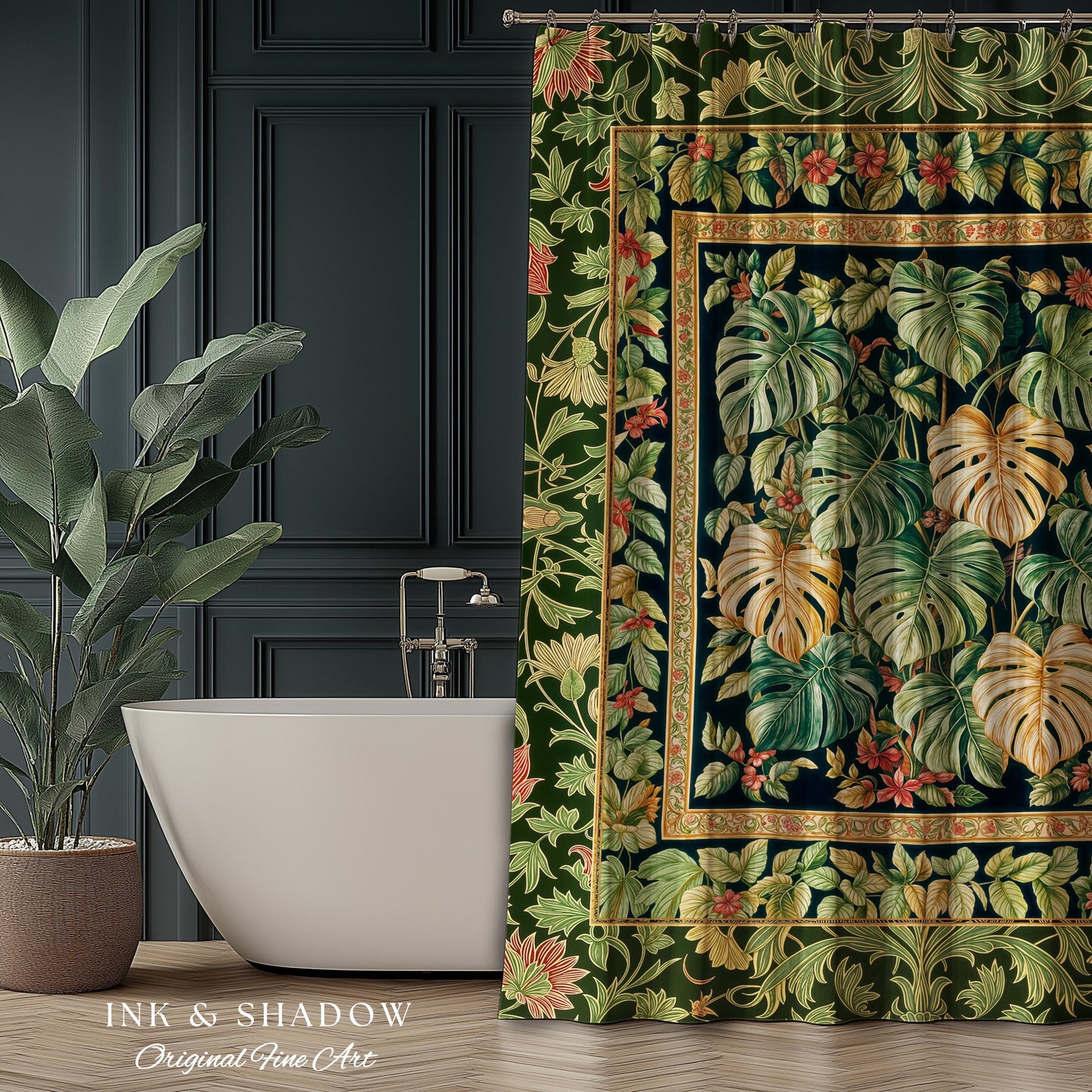 Eclectic Maximalist Monstera Shower Curtain | Dark Floral Houseplant Lover Botanical Whimsical Bathroom Tropical Aesthetic Housewarming Gift