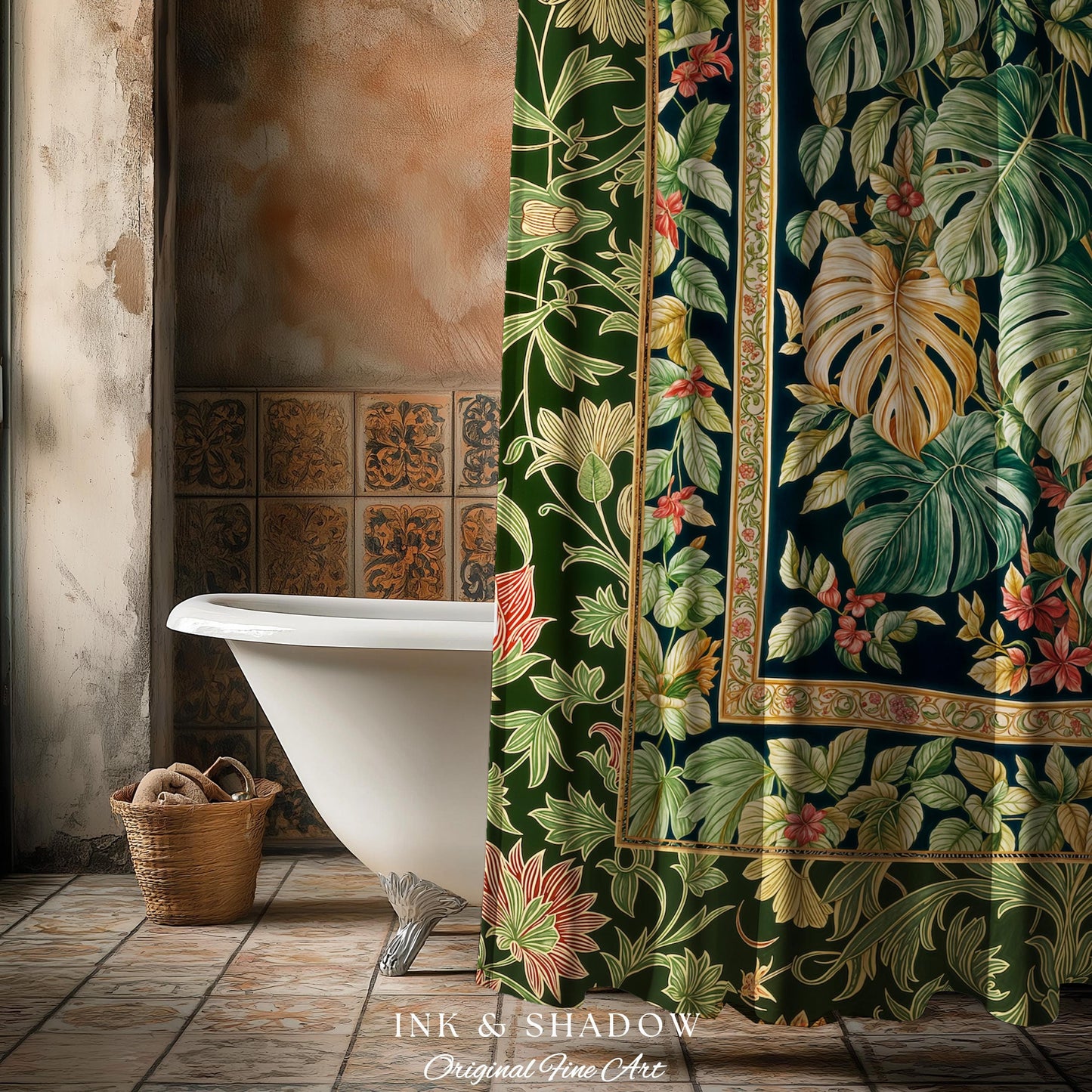 Eclectic Maximalist Monstera Shower Curtain | Dark Floral Houseplant Lover Botanical Whimsical Bathroom Tropical Aesthetic Housewarming Gift