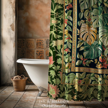 Eclectic Maximalist Monstera Shower Curtain | Dark Floral Houseplant Lover Botanical Whimsical Bathroom Tropical Aesthetic Housewarming Gift
