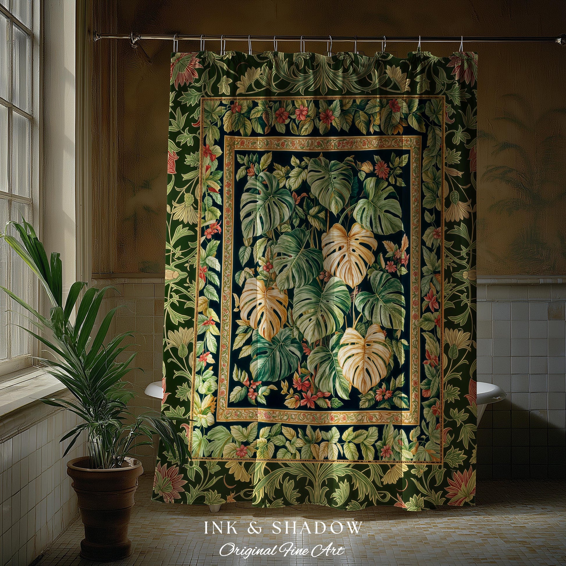 Eclectic Maximalist Monstera Shower Curtain | Dark Floral Houseplant Lover Botanical Whimsical Bathroom Tropical Aesthetic Housewarming Gift
