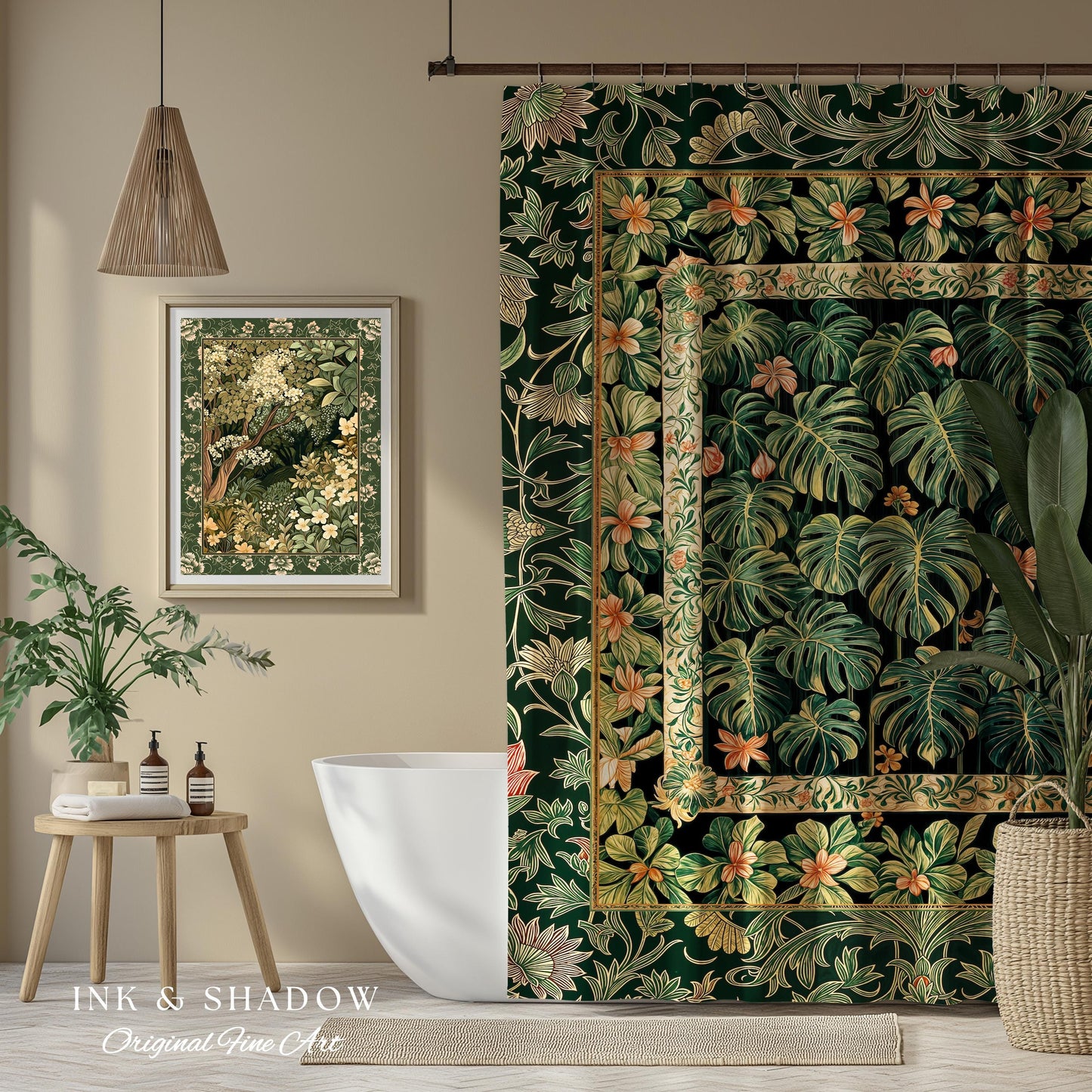 Emerald Green Rich Botanical Shower Curtain | Dark Victorian Floral Houseplant Lover Whimsical Bathroom Decor Maximalist Aesthetic Monstera