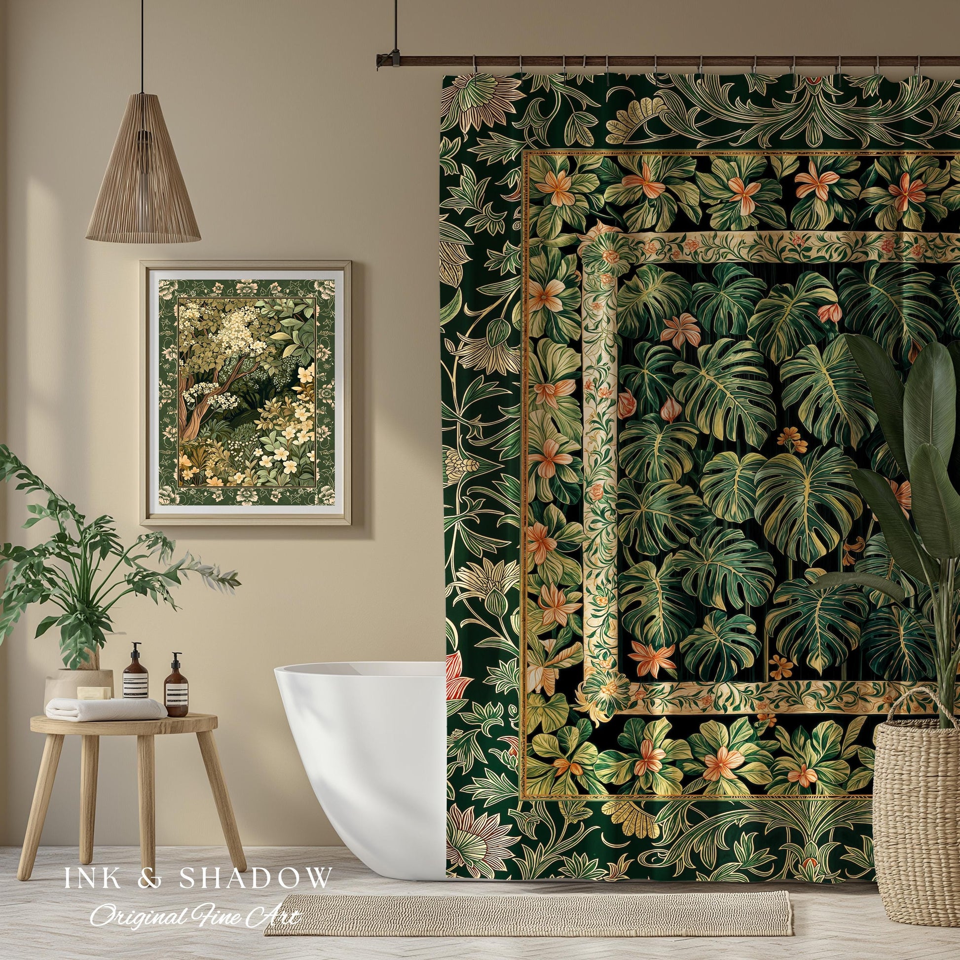 Emerald Green Rich Botanical Shower Curtain | Dark Victorian Floral Houseplant Lover Whimsical Bathroom Decor Maximalist Aesthetic Monstera