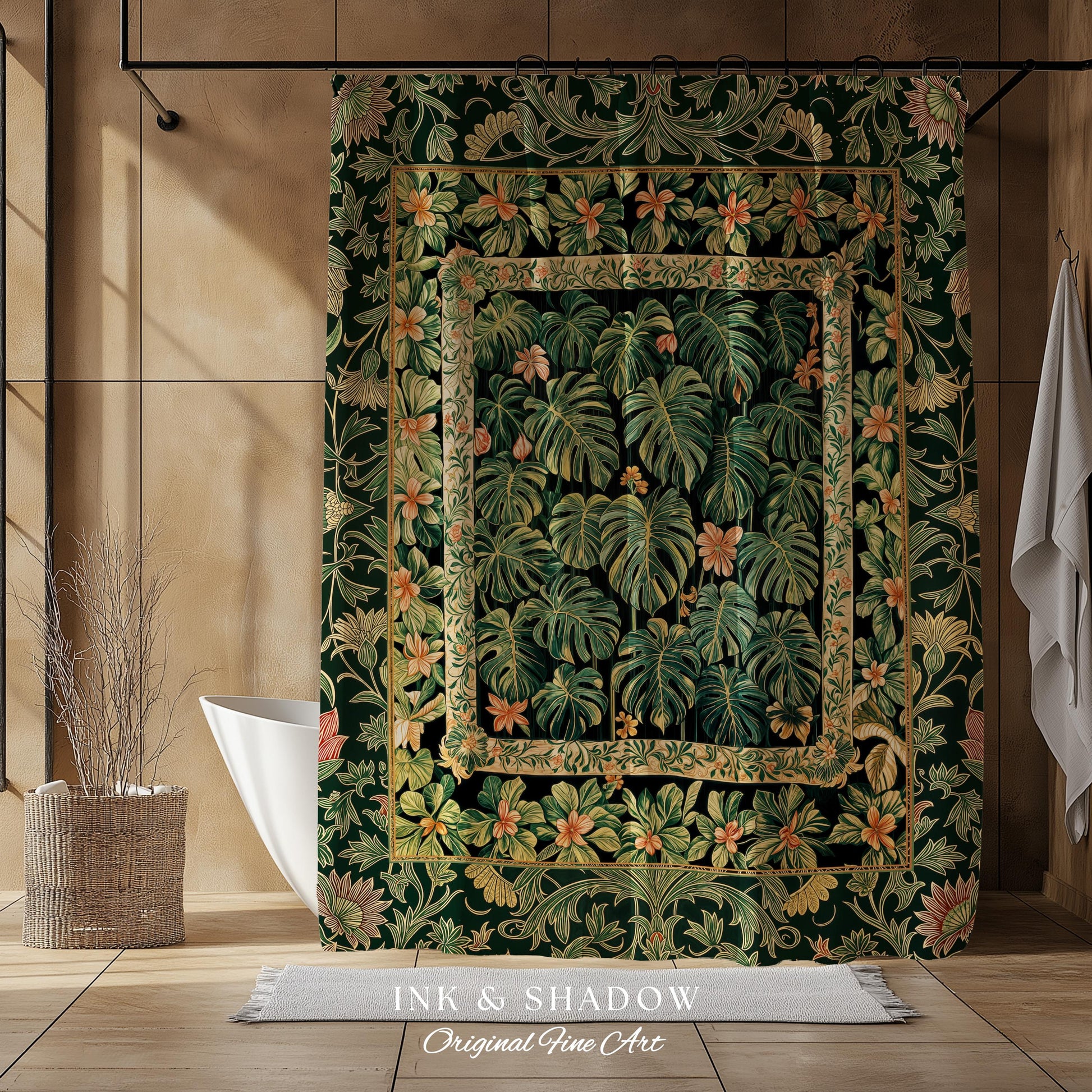 Emerald Green Rich Botanical Shower Curtain | Dark Victorian Floral Houseplant Lover Whimsical Bathroom Decor Maximalist Aesthetic Monstera