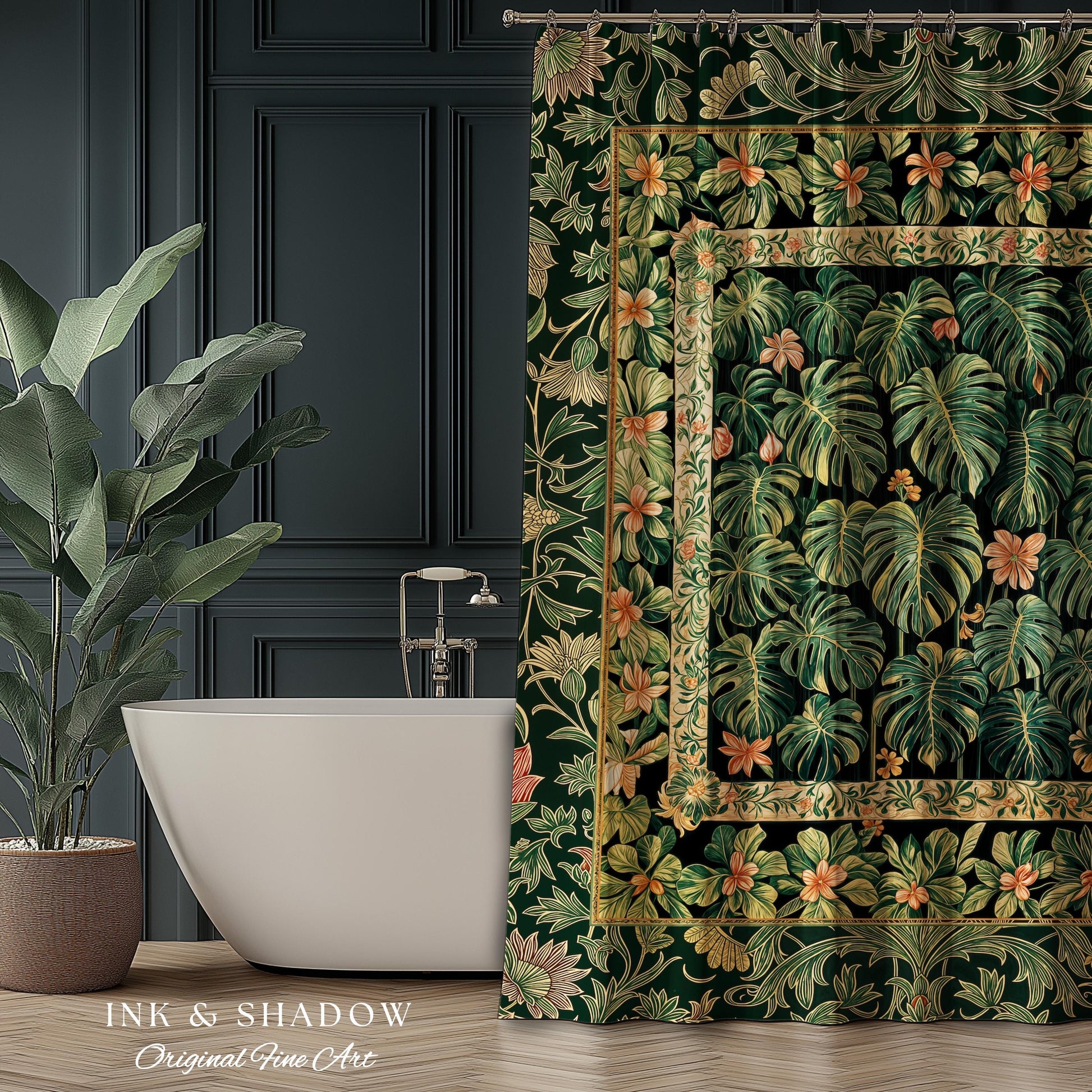 Emerald Green Rich Botanical Shower Curtain | Dark Victorian Floral Houseplant Lover Whimsical Bathroom Decor Maximalist Aesthetic Monstera