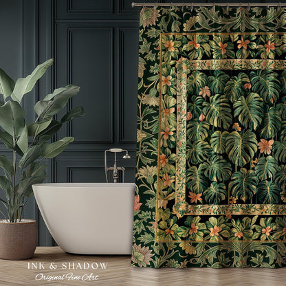 Emerald Green Rich Botanical Shower Curtain | Dark Victorian Floral Houseplant Lover Whimsical Bathroom Decor Maximalist Aesthetic Monstera