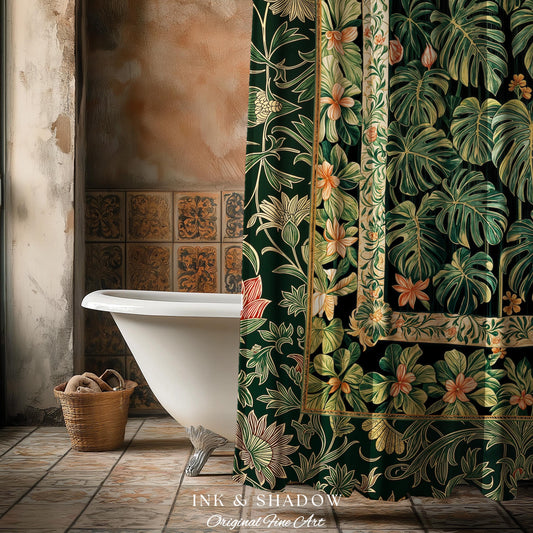 Emerald Green Rich Botanical Shower Curtain | Dark Victorian Floral Houseplant Lover Whimsical Bathroom Decor Maximalist Aesthetic Monstera