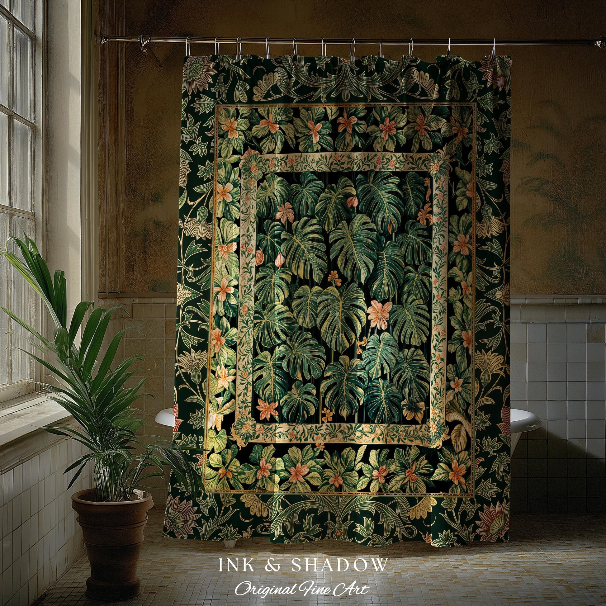 Emerald Green Rich Botanical Shower Curtain | Dark Victorian Floral Houseplant Lover Whimsical Bathroom Decor Maximalist Aesthetic Monstera