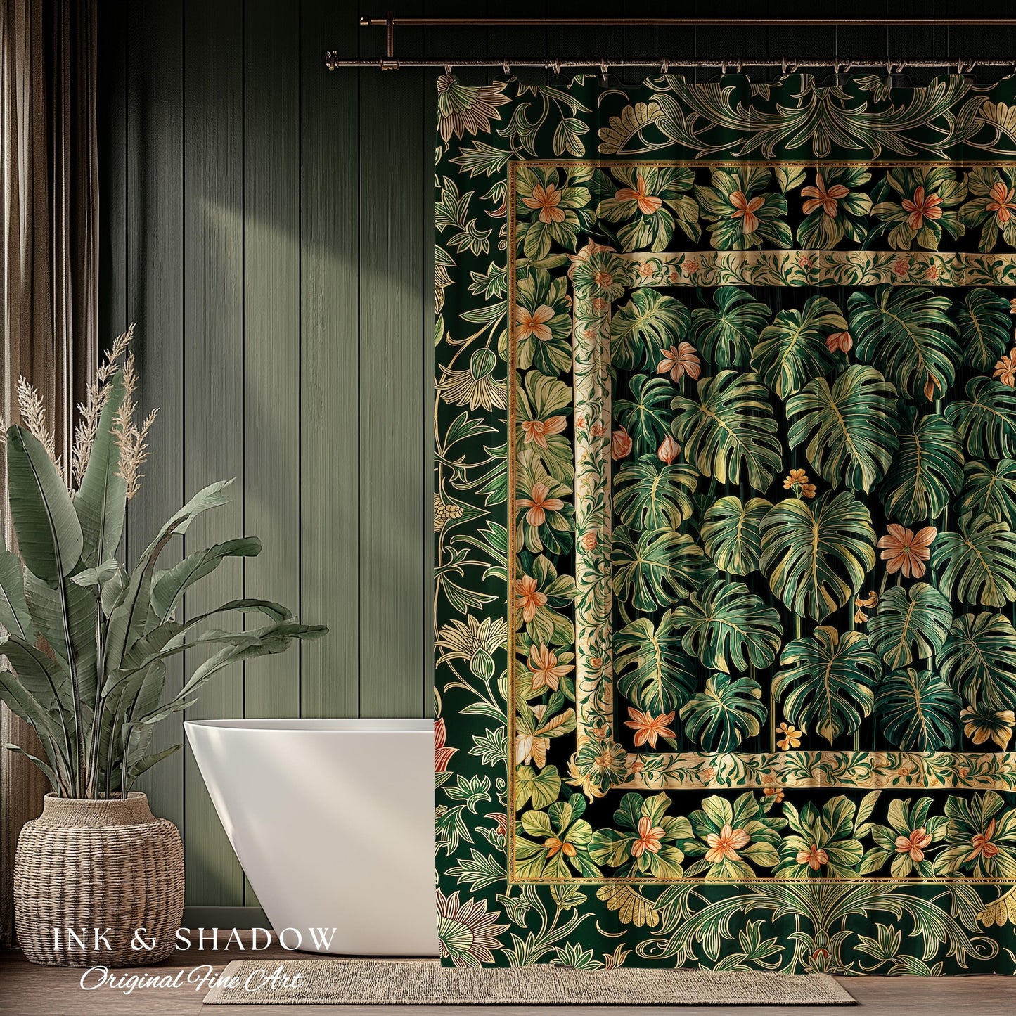 Emerald Green Rich Botanical Shower Curtain | Dark Victorian Floral Houseplant Lover Whimsical Bathroom Decor Maximalist Aesthetic Monstera