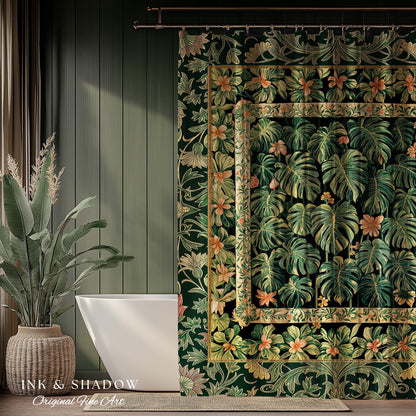 Emerald Green Rich Botanical Shower Curtain | Dark Victorian Floral Houseplant Lover Whimsical Bathroom Decor Maximalist Aesthetic Monstera
