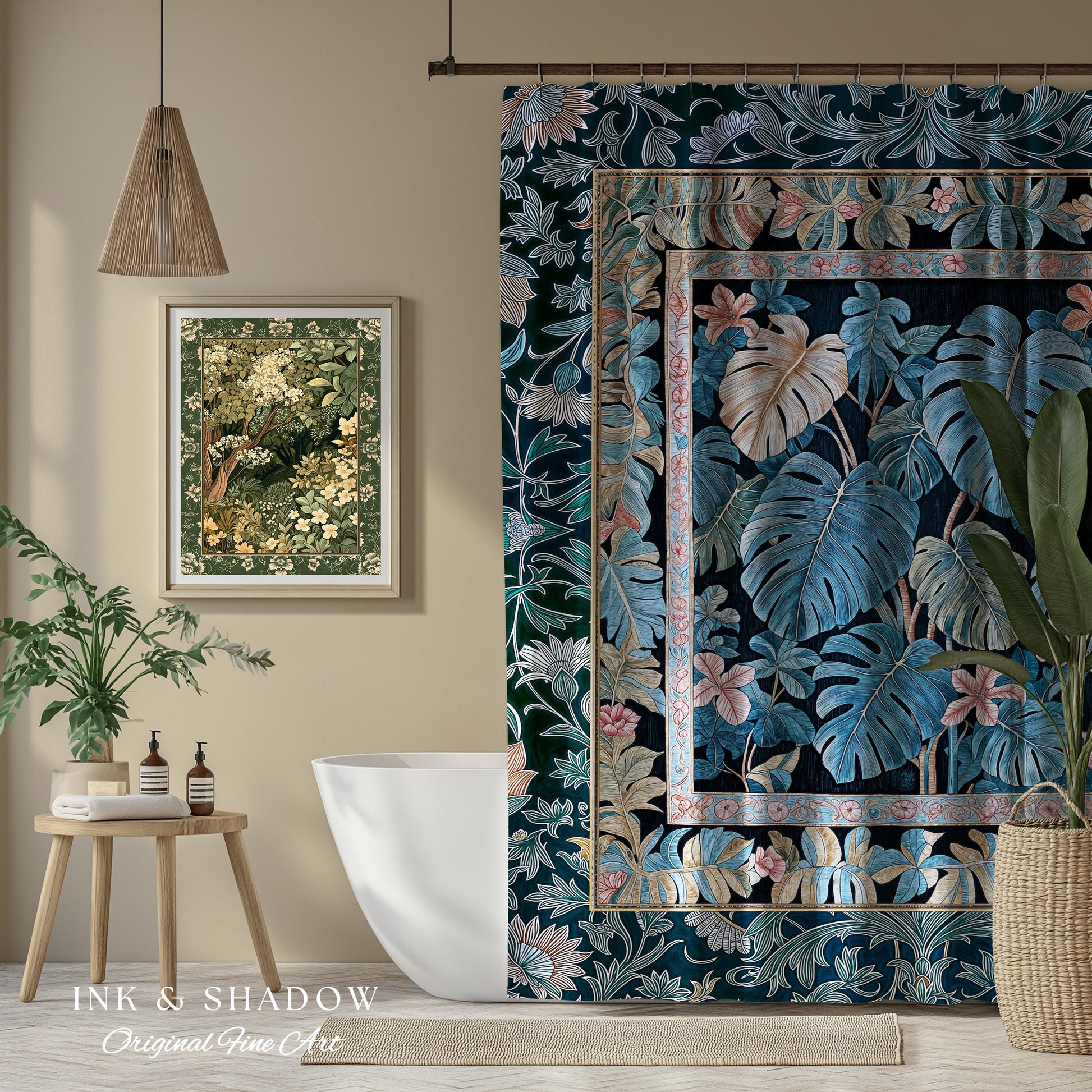 Ornate Floral Tropical Shower Curtain | Ethereal Woodland Dark Victorian Floral Houseplant Whimsical Gothic Aesthetic Monstera Bathroom |
