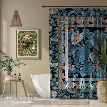 Ornate Floral Tropical Shower Curtain | Ethereal Woodland Dark Victorian Floral Houseplant Whimsical Gothic Aesthetic Monstera Bathroom |