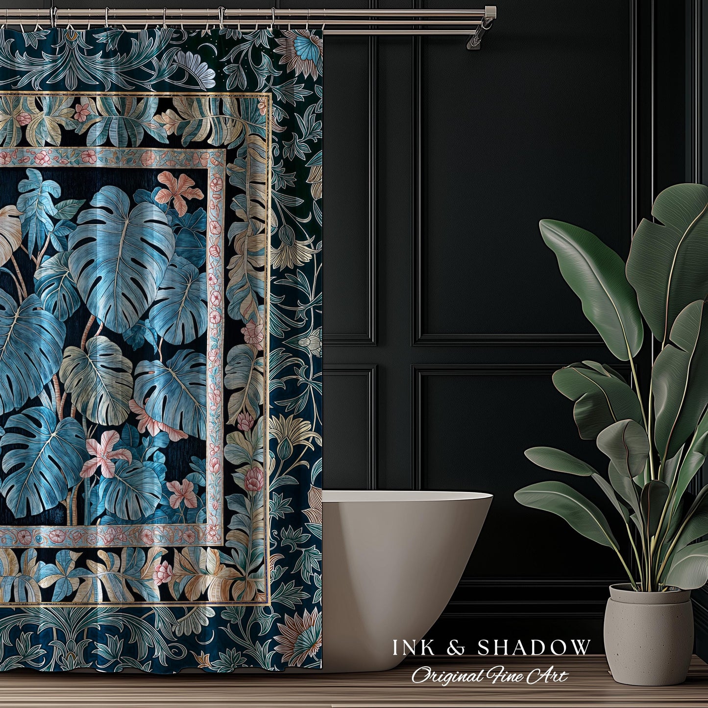 Ornate Floral Tropical Shower Curtain | Ethereal Woodland Dark Victorian Floral Houseplant Whimsical Gothic Aesthetic Monstera Bathroom |