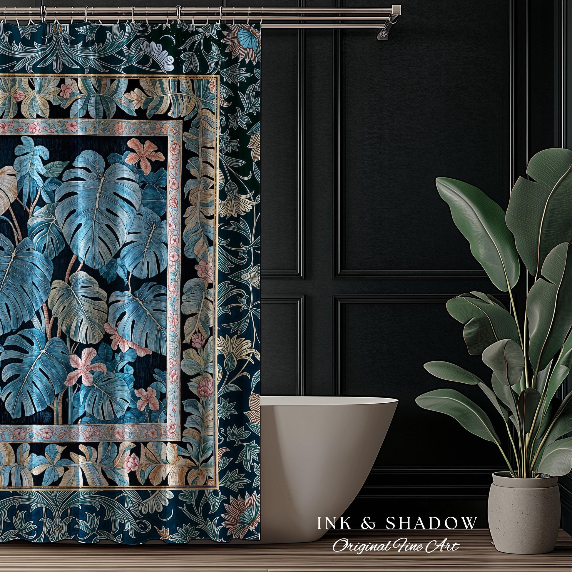 Ornate Floral Tropical Shower Curtain | Ethereal Woodland Dark Victorian Floral Houseplant Whimsical Gothic Aesthetic Monstera Bathroom |