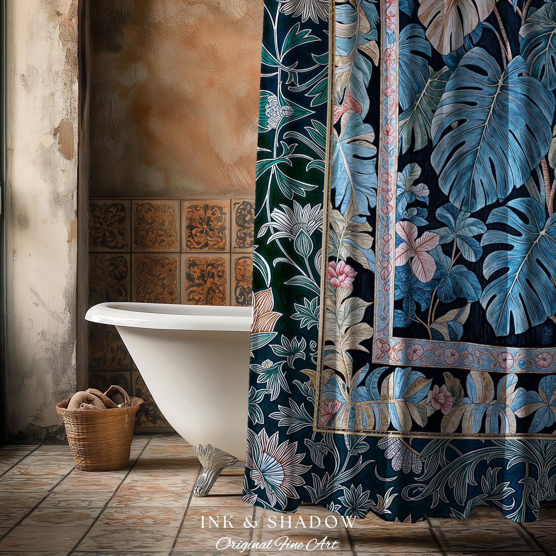 Ornate Floral Tropical Shower Curtain | Ethereal Woodland Dark Victorian Floral Houseplant Whimsical Gothic Aesthetic Monstera Bathroom |