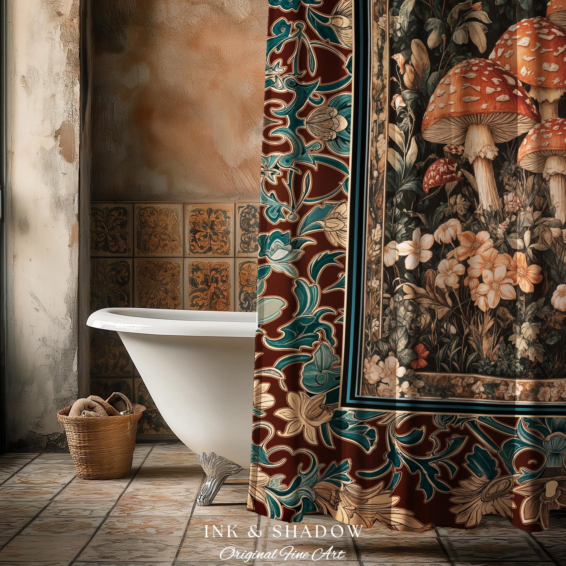 Magical Mushroom Eclectic Shower Curtain | Fairy Aesthetic Bathroom Whimsigoth Forest Decor Whimsical Fairycore Tapestry Housewarming Gift
