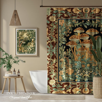 Witchy Mushroom Herbology Shower Curtain | Ethereal Fungi Forest Toadstool Decor Whimsical Cottagecore Bathroom Earth Tone Fairycore Style |