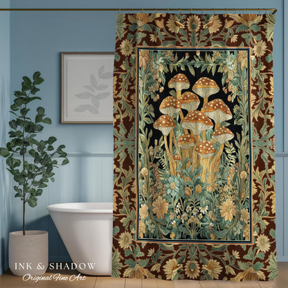 Witchy Mushroom Herbology Shower Curtain | Ethereal Fungi Forest Toadstool Decor Whimsical Cottagecore Bathroom Earth Tone Fairycore Style |