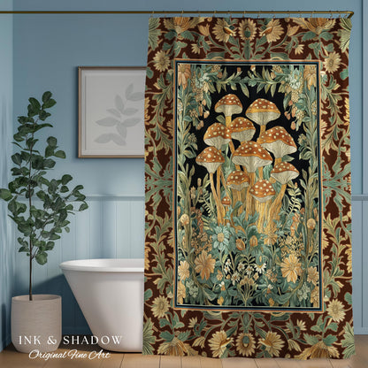 Witchy Mushroom Herbology Shower Curtain | Ethereal Fungi Forest Toadstool Decor Whimsical Cottagecore Bathroom Earth Tone Fairycore Style |