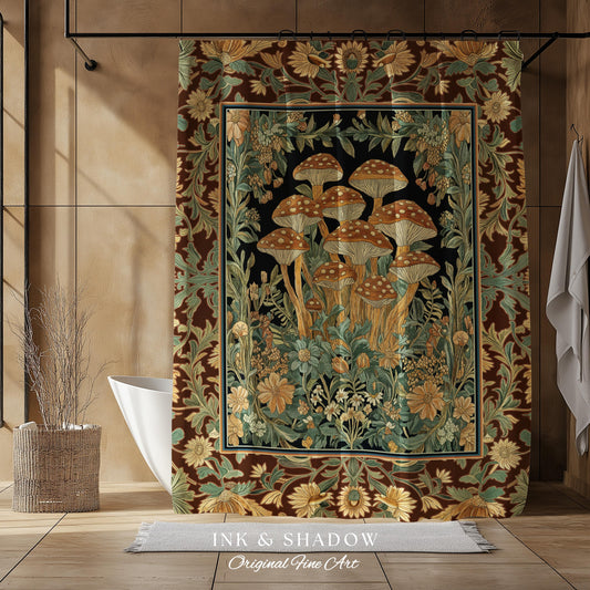 Witchy Mushroom Herbology Shower Curtain | Ethereal Fungi Forest Toadstool Decor Whimsical Cottagecore Bathroom Earth Tone Fairycore Style |