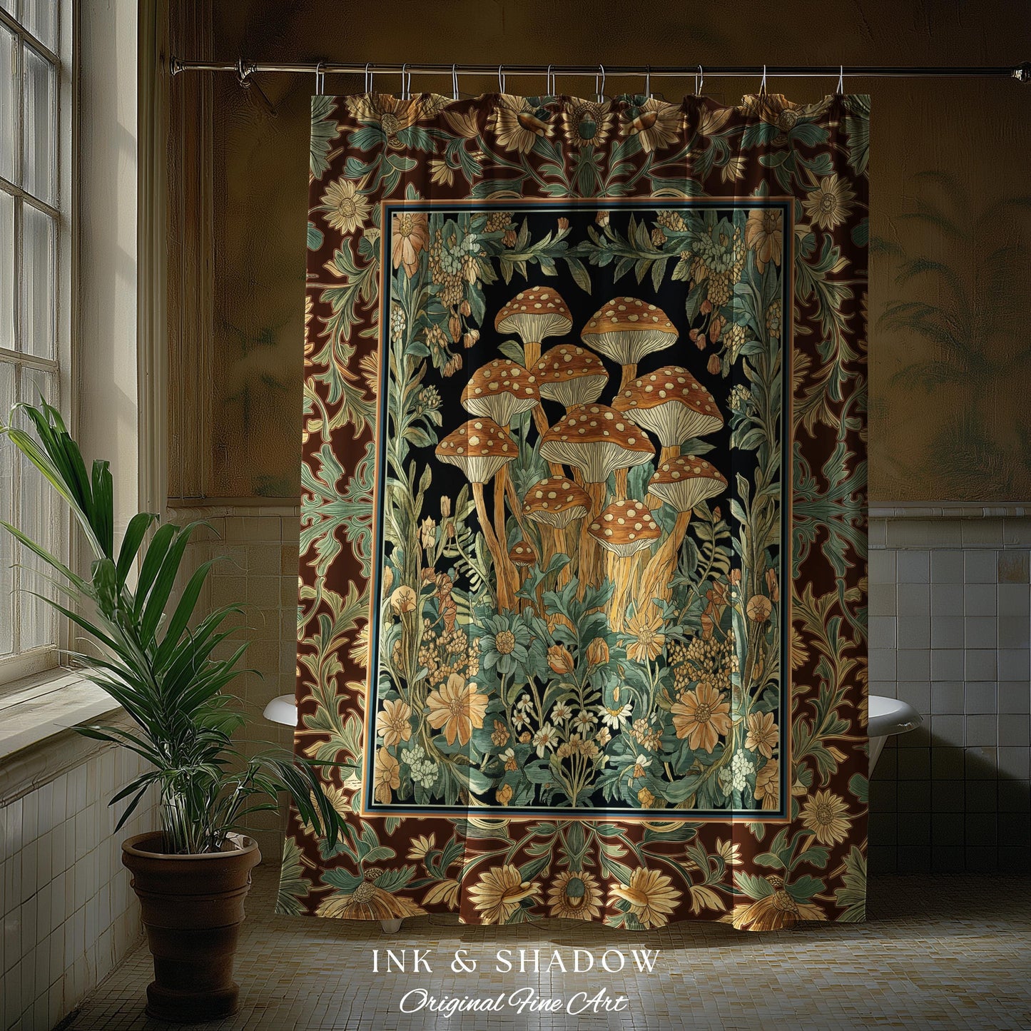 Witchy Mushroom Herbology Shower Curtain | Ethereal Fungi Forest Toadstool Decor Whimsical Cottagecore Bathroom Earth Tone Fairycore Style |