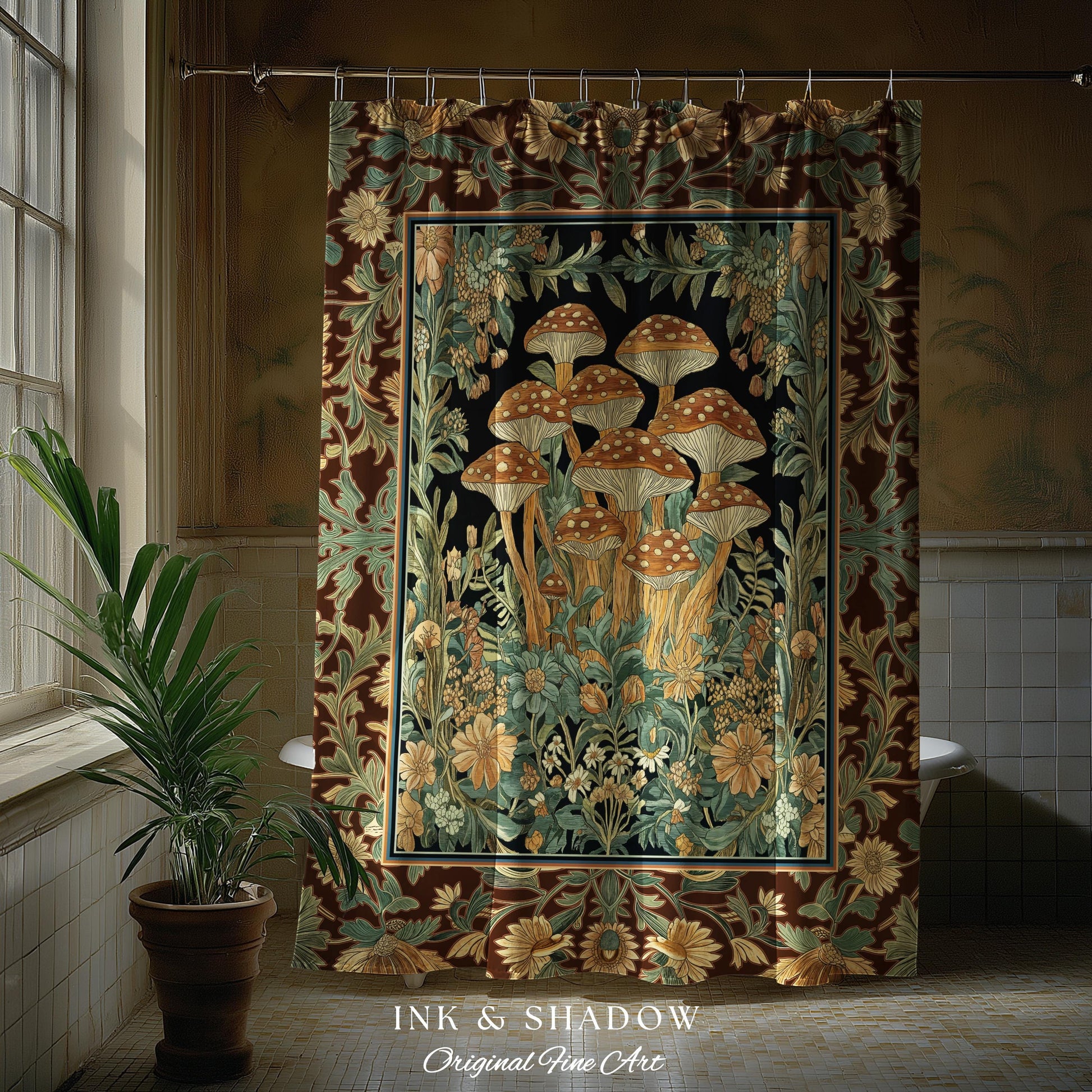Witchy Mushroom Herbology Shower Curtain | Ethereal Fungi Forest Toadstool Decor Whimsical Cottagecore Bathroom Earth Tone Fairycore Style |