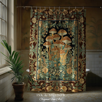 Witchy Mushroom Herbology Shower Curtain | Ethereal Fungi Forest Toadstool Decor Whimsical Cottagecore Bathroom Earth Tone Fairycore Style |