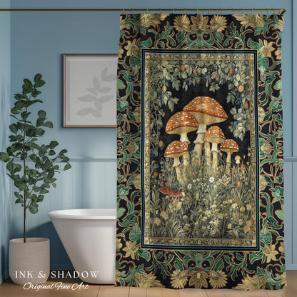 Whimsical Fungi Mushroom Shower Curtain | Mystical Forest Bathroom Decor Mushroom Lover Gift Cottagecore Earth Tone Hippie Aesthetic Bath |