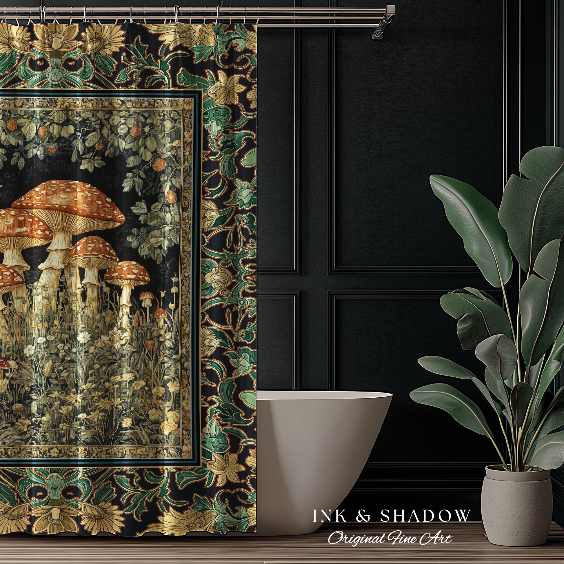 Whimsical Fungi Mushroom Shower Curtain | Mystical Forest Bathroom Decor Mushroom Lover Gift Cottagecore Earth Tone Hippie Aesthetic Bath |