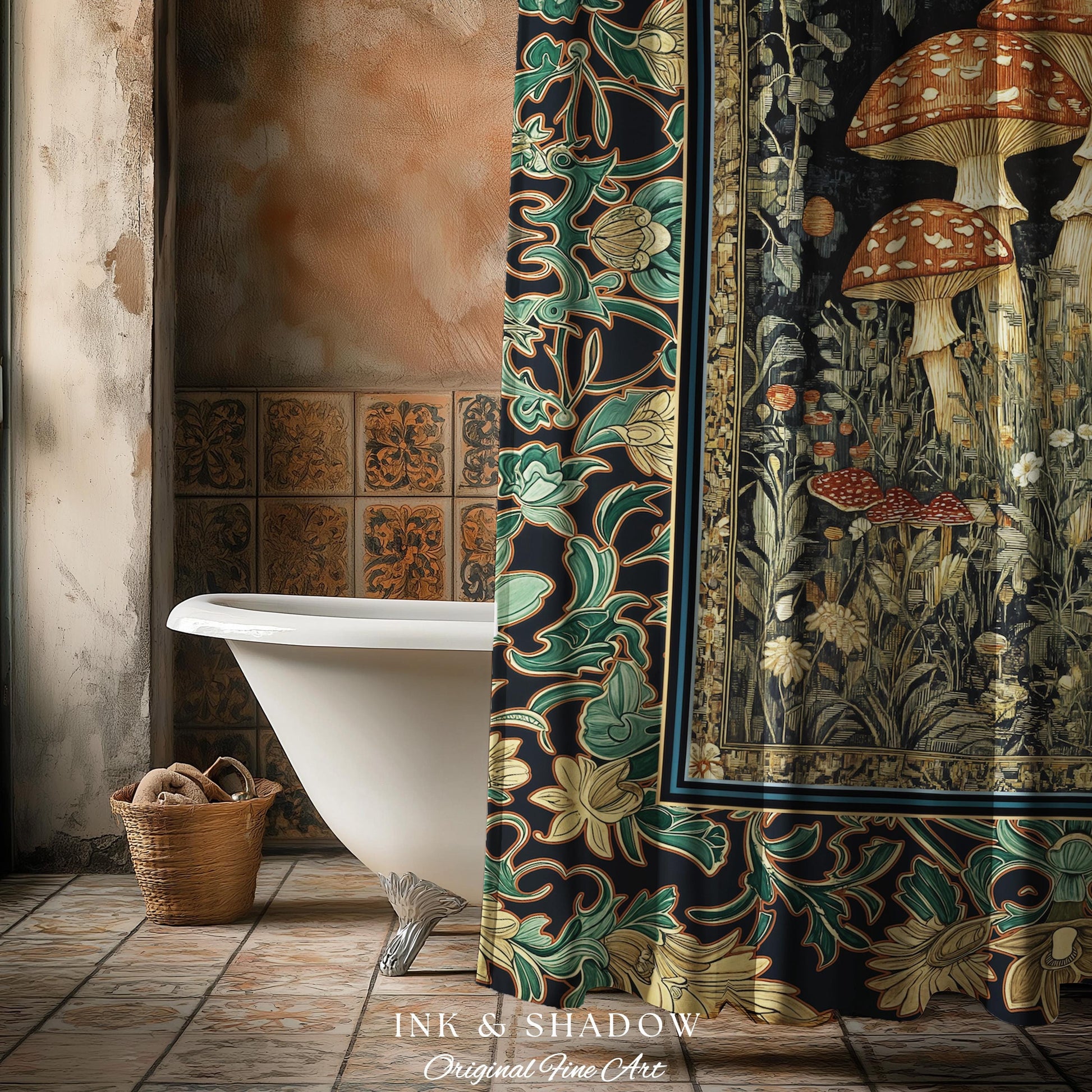 Whimsical Fungi Mushroom Shower Curtain | Mystical Forest Bathroom Decor Mushroom Lover Gift Cottagecore Earth Tone Hippie Aesthetic Bath |