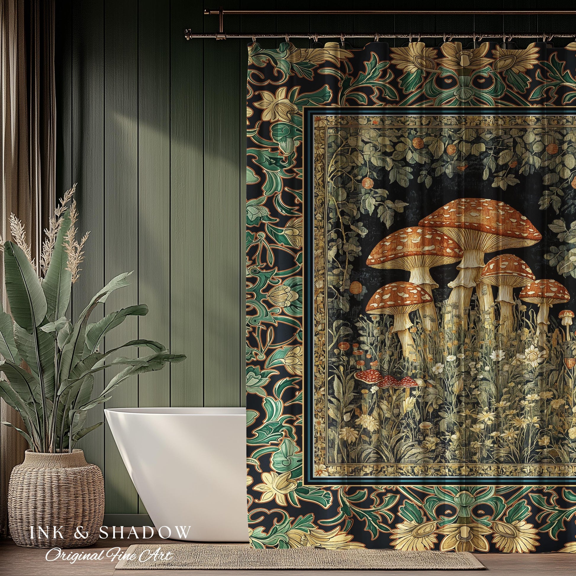 Whimsical Fungi Mushroom Shower Curtain | Mystical Forest Bathroom Decor Mushroom Lover Gift Cottagecore Earth Tone Hippie Aesthetic Bath |