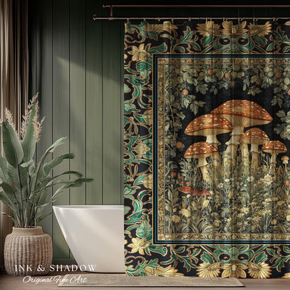 Whimsical Fungi Mushroom Shower Curtain | Mystical Forest Bathroom Decor Mushroom Lover Gift Cottagecore Earth Tone Hippie Aesthetic Bath |