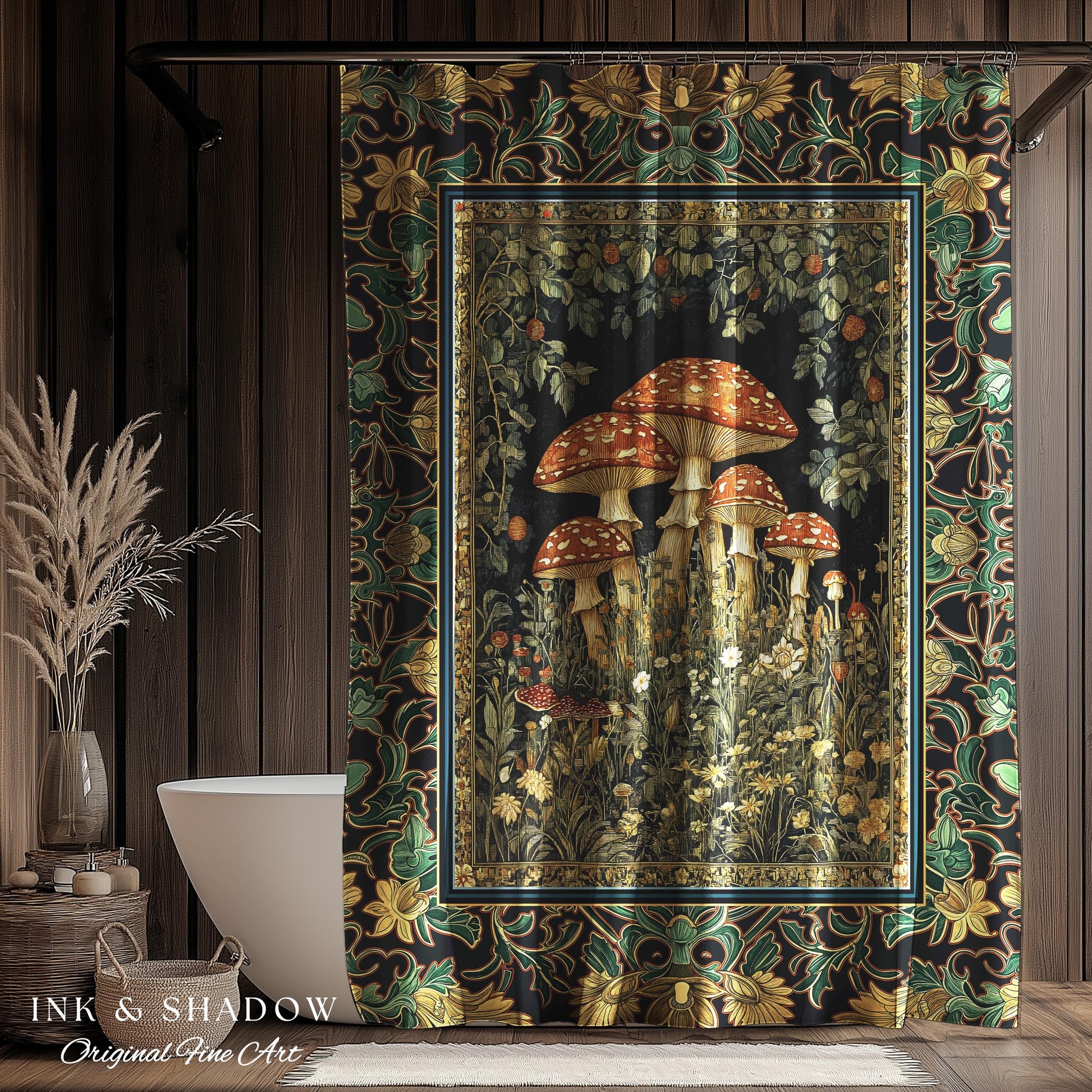 Whimsical Fungi Mushroom Shower Curtain | Mystical Forest Bathroom Decor Mushroom Lover Gift Cottagecore Earth Tone Hippie Aesthetic Bath |