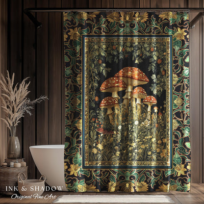 Whimsical Fungi Mushroom Shower Curtain | Mystical Forest Bathroom Decor Mushroom Lover Gift Cottagecore Earth Tone Hippie Aesthetic Bath |