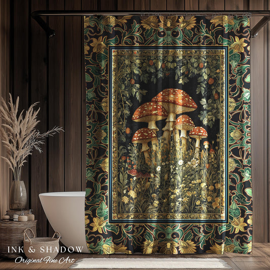 Whimsical Fungi Mushroom Shower Curtain | Mystical Forest Bathroom Decor Mushroom Lover Gift Cottagecore Earth Tone Hippie Aesthetic Bath |