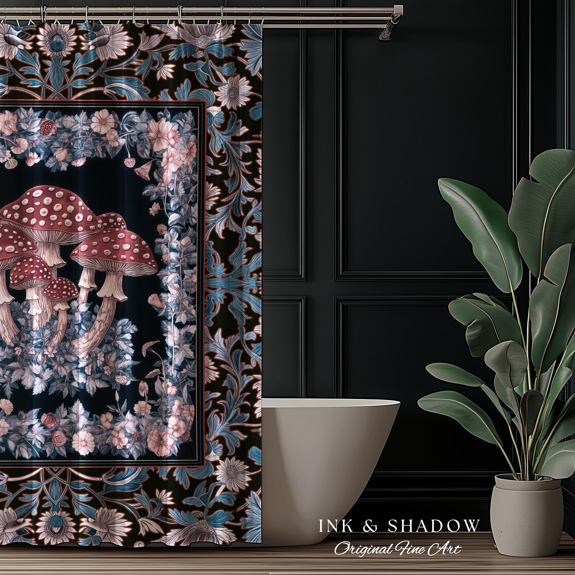 Foraging Fungi Mushroom Shower Curtain | Whimsical Eclectic Decor for Fairy Aesthetic Bathroom Whimsigoth Decor Fairycore Toadstool Witchy